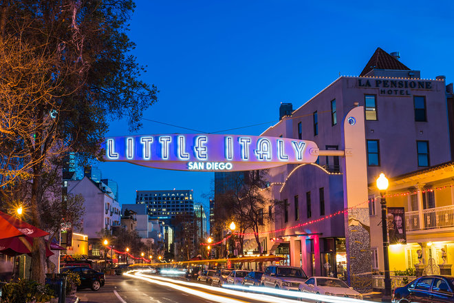 Little Italy Sign, Neon Sign At Night, Located On India Street. San Diego, California, United States.