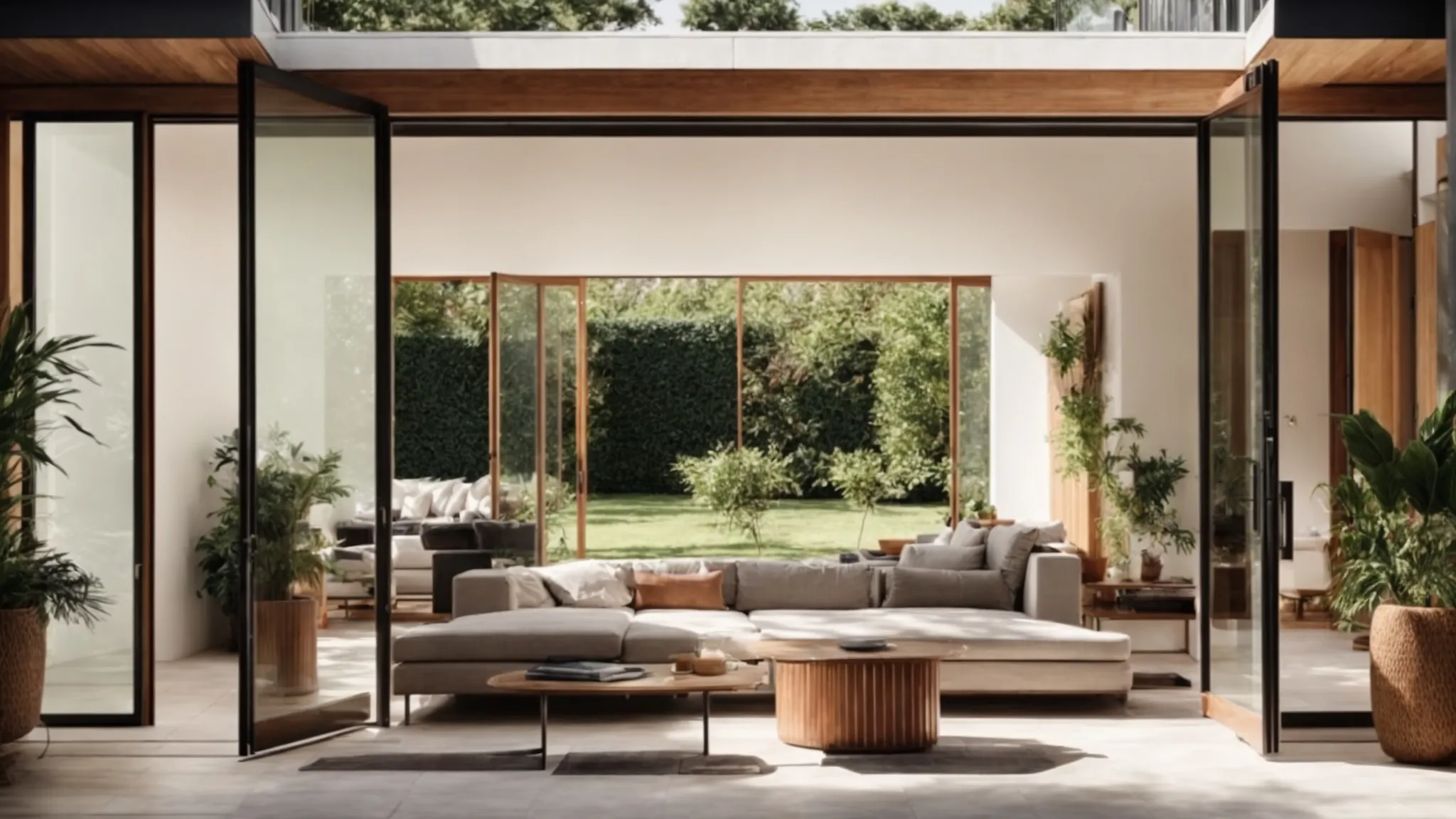 a modern living room seamlessly opens into a sunlit garden through a wide expanse of accordion doors, embodying the perfect blend of indoor and outdoor living.